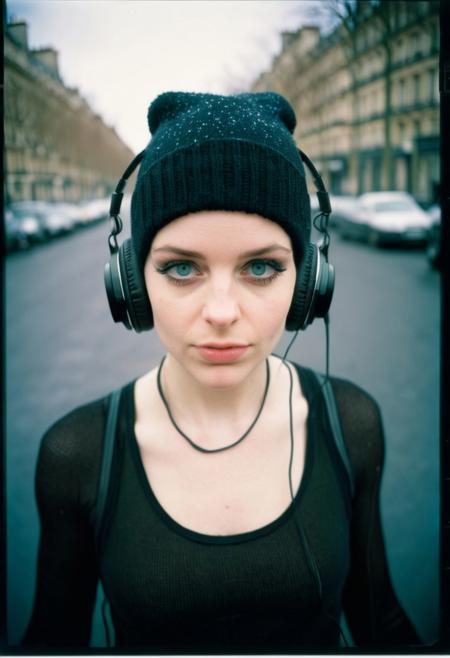goth girl,winter hat, headphones,tanktop,(beautiful face,exquisite face,skin texture:1.2), (ultra-wide angle:1.3),   pale skin, (masterpiece,best quality,ultra high res:1.2),(photo-realistic:1.3),paris, day, mood, polaroid color 600 instant film, faded, blurry, motion blur, ((grainy))