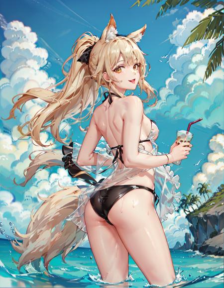 masterpiece, best quality, high resolution,
solo, 1girl, blond hair, yellow eyes, ponytail, animal ears, tail,
1girl, solo, tail, breasts, ass, cup, looking at viewer, holding, bare shoulders, holding cup, horse tail, swimsuit, outdoors, tongue out, bikini, day, tongue, ponytail, bangs, standing, thighs, bubble tea, sky, :q, hair bow, cloud, medium breasts, looking back, black bow, disposable cup, ocean, smile, white bikini, from behind, water, bow, sarong, strapless, blue sky, see-through, black bikini, sidelocks, cleavage, feet out of frame, wet, drinking straw, bandeau, wading, strapless bikini, very long hair
<lora:ArknightsBlemishine:0.6>,