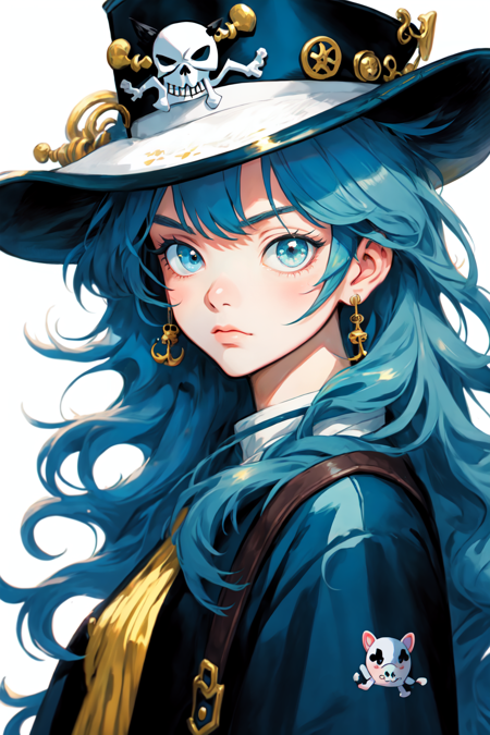 Niji Style,
a man with blue hair on the mantel, pirate hat, wild curly hair, kawaii, pastel in the style of rumiko takahashi, simplified and stylized portraits, oshare kei, rococo, blink-and-you-miss-it detail, realistic, piratepunk, <lora:NijiStyle_Dusk-05:1>