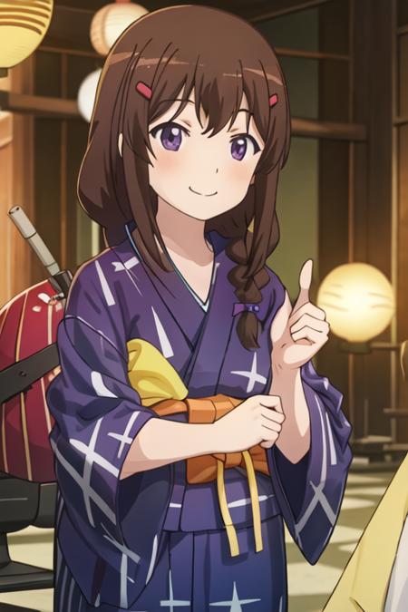 best quality, masterpiece, highres, solo, {yukata:1.40}, {kimono:1.20}, {fujimiya_konomi_nonnonbiyori:1.15}, brown_hair, hair_ornament, hairclip, long_hair, purple_eyes, braid, smile, blush