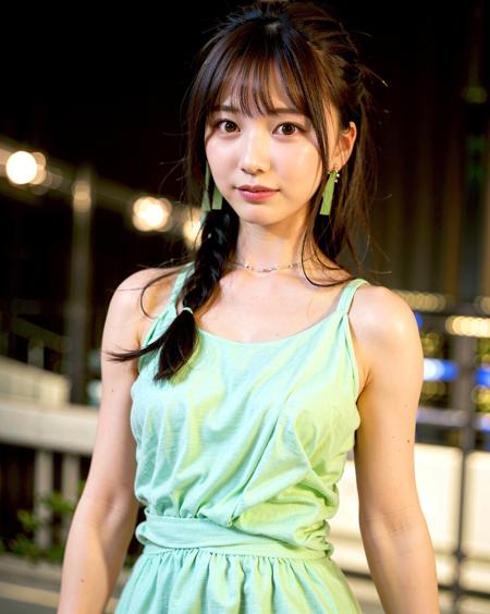 a woman posing on the street corner with light green dress on, best quality, 1girl, large breasts, day, bright, blur background, bokeh, outdoor, (street:0.8), (people, crowds:1), (lace-trimmed dress:1.5, sleeveless dress, light green clothes:1.5, light green high-neck dress:1.5, orange dress: 1.5), gorgeous, (braided bangs:1.5), beautiful detailed sky, beautiful earrings, (dynamic pose:0.8), (upper body:0.8), soft lighting, wind, shiny skin, <lora:JAV_Mio_v1.5:0.65>