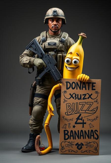 A highly detailed, full-figure real-life Marine Corps perfect soldier, standing still in a strong, disciplined stance. The soldier is fully equipped with modern, advanced weaponry and tactical gear, ready for action, displaying intense focus. In front of them stands a 2-meter-tall anthropomorphic yellow banana with human-like limbs, expressive eyes, and a mischievous grin, creating a surreal juxtaposition. Next to the banana is a cool, intricately detailed cardboard sign with complex designs that reads, ‘Donate Buzz 4 Bananas,’ featuring creative typography and artistic elements. The scene is rich in texture and contrast, blending the serious military theme with absurd humor.