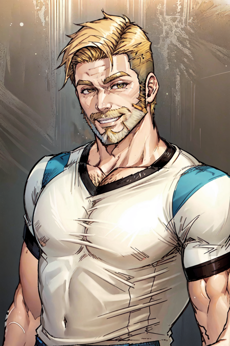 Star_Lord, solo, looking at viewer, smile, short hair, blonde hair, shirt, 1boy, upper body, male focus, striped, muscular, facial hair, pectorals, muscular male, bara, beard, large pectorals, striped shirt, sideburns, mature male, undercut, chest hair, prison clothes, <lora:StarLordV2:0.8>