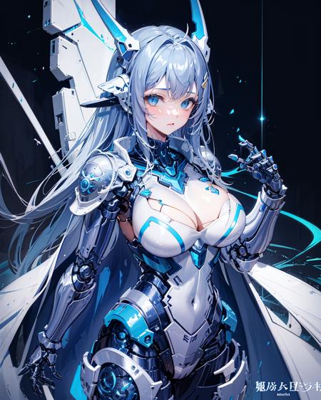 1girl, <lora:A-Mecha-REN[color_theme,mecha musume, mechanical parts, robot joints,headgear,full armor]:1>,blue_theme,mecha musume, mechanical parts, robot joints,headgear,full armor,cowboy shot, large breasts,