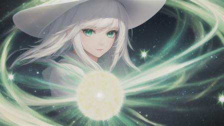 masterpiece, high quality, very detailed, 1girl, white hair, green eyes, magic, magic swirls, magic particles, dust, glowing eyes, hat, colorful, full body