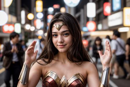 DC movies,photo of a 18 year old girl,wonder woman,clapping hands,happy,outdoor,windy,on the street,tokyo,ray tracing,detail shadow,shot on Fujifilm X-T4,85mm f1.2,sharp focus,depth of field,blurry background,bokeh,lens flare,motion blur,<lora:add_detail:1>,