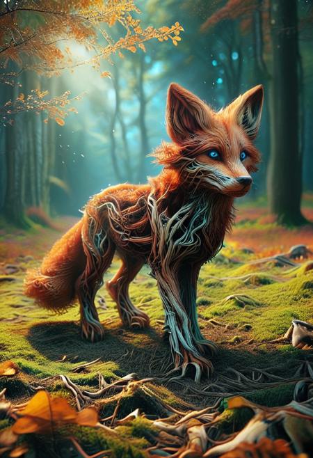 PG-TR, A striking image of a red-haired, fox-like character with blue eyes, standing in a open field next to a forest. The field is very colorful. The leaves in the background have a faint glow, creating an enchanting atmosphere. Subtle, swirling energy effects surround the character, giving a sense of power and mystique.