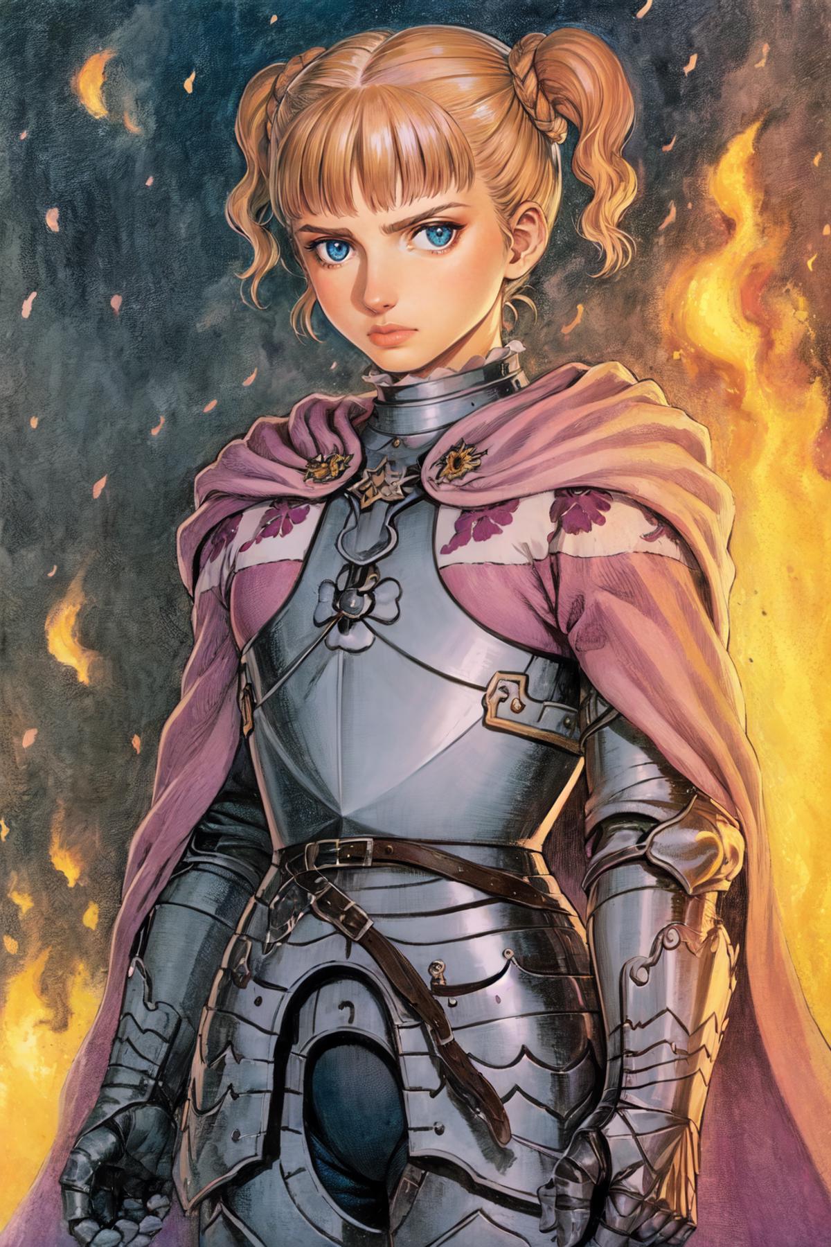 A woman wearing a pink armor and holding a sword.