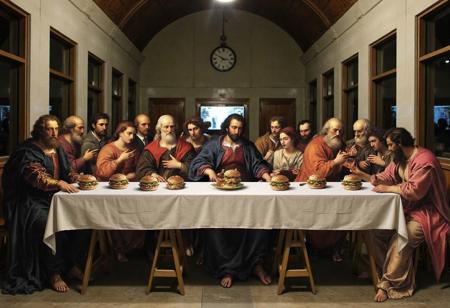 The Last Supper by Leonardo Da Vinci manipulated into a mcdonalds restuarant, hamburgers