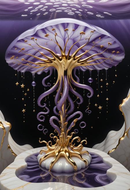 A surreal scene where liquid marble forms the sky itself, swirling in deep purples, blues, and golds. Floating high above, golden islands of glowing marble drift lazily, each adorned with sparkling crystal trees and cascading waterfalls of liquid gold. Beneath the islands, glowing jellyfish hover, their tentacles casting ripples of light on the marble sky. Stars twinkle like tiny diamonds, reflected in the marble surfaces below. A faint breeze carries soft sakura petals that swirl through the sky, giving the illusion of weightlessness. The entire scene feels like a cosmic dream, suspended between time and space.