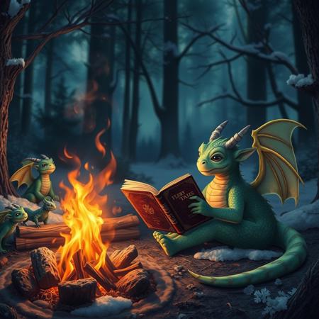 During a warm summer night an  little  magic creature with transparent wings low on the body, grey antennae and chubby neck  and chubby silhouette sitting nearby  a  big campfire and reading an just one huge old book of fairy tales with stylish cover with gold letters, sitting with a group of green dragons with dark green wings , with details, winter forest, vivid colors,  seen under an electron scanning microscope