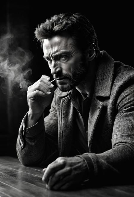 highly detailed and hyper realistic b&w photo of (
Hugh Jackman
 as Wolverine )  (eyes Catch-lights), ,(  black background,) (smoking cigarette) ,thick flannel jacket, ,tumbler of whiskey on table shadow falling on eyes, , b&w ,   (lighting: dramatic) , (lighting: high key) shot on Polaroid film, cinematic still frame, film grain, shallow depth of field, , crouched, faded colors, vintage, motion blur, , deep shadows, highly detailed and hyper realistic