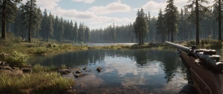 cinematic film still of  <lora:add-detail-xl:1>
<lora:Unreal Engine style:1> In Unreal Engine style, sharp detailed photo of
 <lora:Modern Warfare style:1>
POV point of view a rifle is pointed at a lake in a forest modern warfare style,outdoors,sky,day,cloud,signature,water,tree,no humans,animal,cat,cloudy sky,grass,nature,scenery,black cat, shallow depth of field, vignette, highly detailed, high budget, bokeh, cinemascope, moody, epic, gorgeous, film grain, grainy