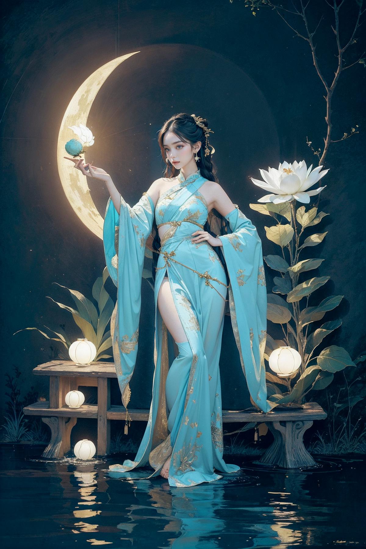 An Asian woman in a blue dress with a moon background.