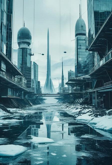 ()Hyoer Realistic:2.0)Polaroid picture of  image of Antarctica, where the ice sheets are rapidly melting due to global warming. As the ice thaws, a hidden futuristic utopian city is revealed, with towering skyscrapers that stretch high into the sky. The city is surrounded by spacecraft energy towers, humming with power, and a massive space elevator that reaches into the atmosphere.
The city's architecture is a blend of sleek, modern design and ancient, alien structures, hinting at a long-forgotten civilization. The air is clean and fresh, with a hint of ozone and electricity. In the distance, a fleet of spacecraft can be seen taking off and landing, as the city's inhabitants go about their daily lives.
Capture the surreal, futuristic atmosphere of this scene, where the thawing of Antarctica reveals a hidden, utopian world, teeming with life and technology