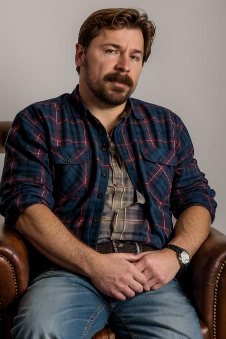 MikeWozniak sitting on a fancy chair, plaid shirt, denim pants, thinking pose, beard  <lora:MikeWozniakLora:1>