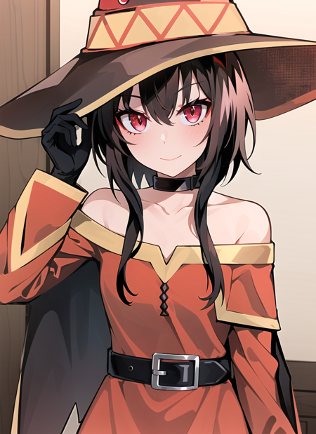 lam \(ramdayo\), megumin, 1girl, bare shoulders, black hair, black cape, black gloves, blush, cape, choker, collarbone, dress, hair between eyes, hat, long sleeves, looking at viewer, medium hair, off-shoulder dress, off shoulder, red dress, red eyes, sidelocks, solo, witch hat, indoors, ((masterpiece)) <lora:lam__ramdayo__offset:1>