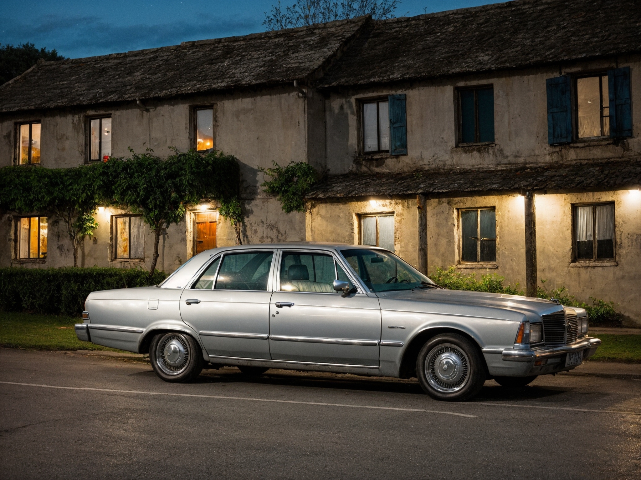 photo of old silver sedan, parking, night