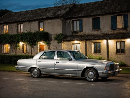 photo of old silver sedan, parking, night