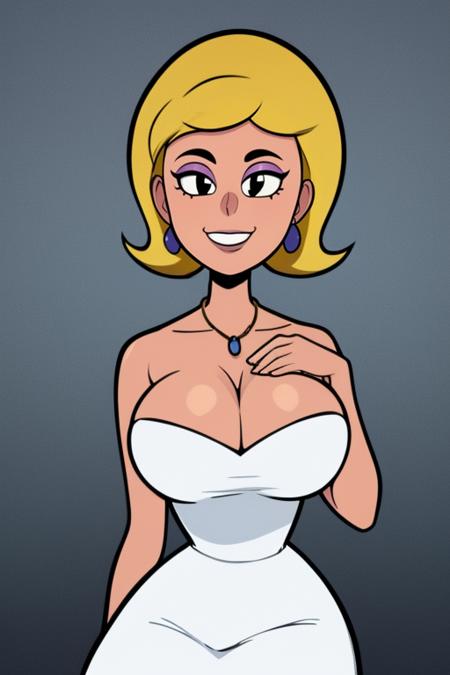 Pristine,short hair,blonde hair,black eyes,standing, solo,  eyeshadow, sitting,   posing, smiling,  upper body,  solo, 
white Dress,  tight, large cleavage,bare shoulders,strapless,  necklace,  earrings, 
fancy white house,
(insanely detailed, beautiful detailed face, masterpiece, best quality), <lora:pristine-10:0.7>