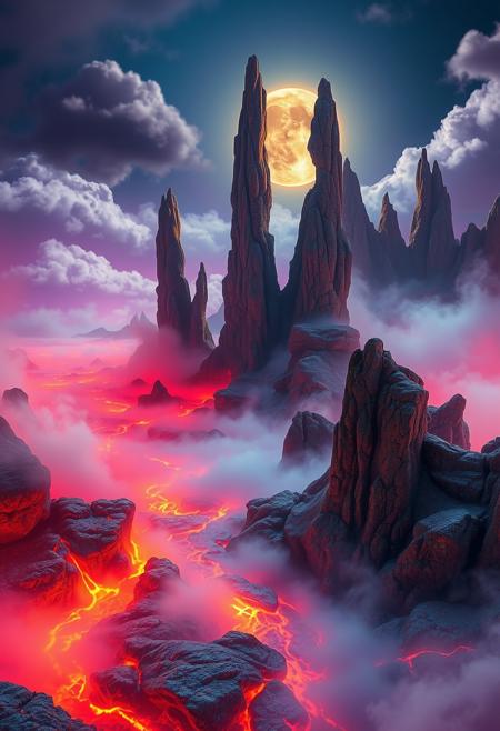 Envision a dreamscape where vibrant colors and surreal elements collide in absurdly high resolution. Boiling rivers, glowing in fiery reds and oranges, weave through a fantastical landscape. The steam rises from their surfaces, blending seamlessly with the deep purples and blues of the thick fog that melds with the clouds above, creating an ethereal atmosphere.
Towering, natural rock spires, painted in rich, earthy hues, reach up to cradle a luminescent moon that casts an otherworldly glow. These ancient formations, with their intricate textures and weathered details, appear both majestic and surreal, as if holding up the heavens themselves.
Every element is depicted in incredible detail—the boiling water, the swirling mist, the rugged spires—each rendered with a vibrancy that almost defies reality. The scene pulses with life, where the absurdly high resolution brings out every nuance of color and texture, creating an overwhelming sense of surrealism in a world that teeters between fantasy and reality.