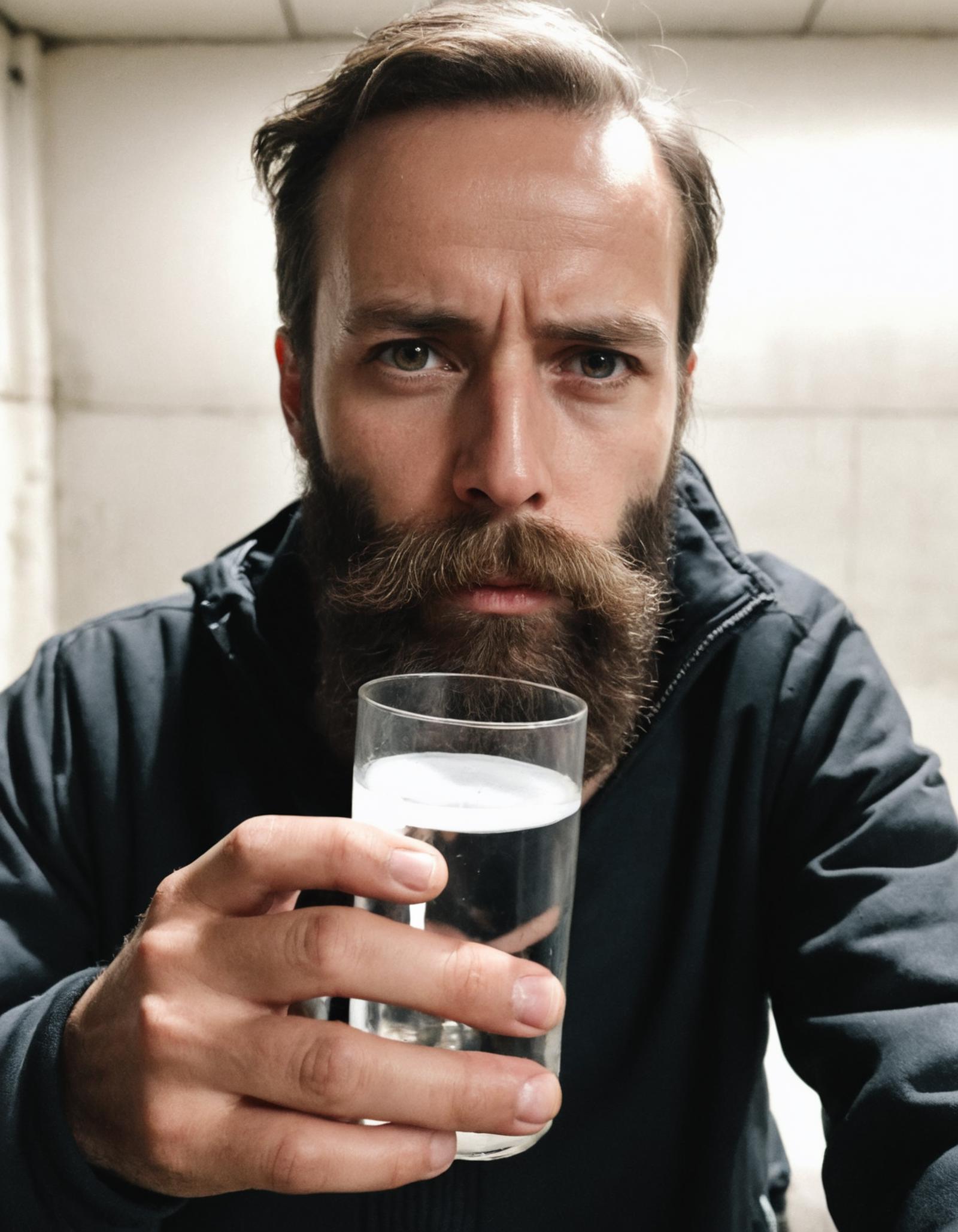 A man with a beard holding a glass of water.