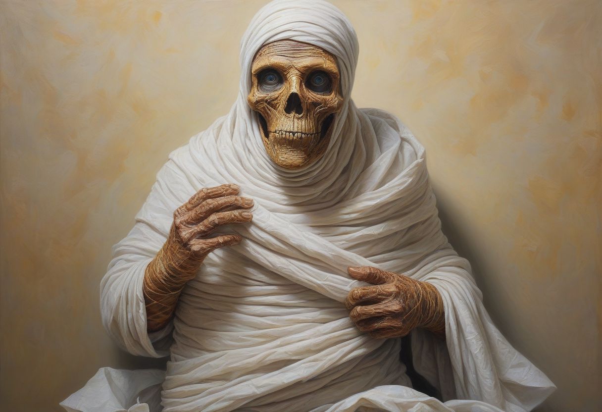(masterpiece:1.3), (best_quality:1.3), (ultra_detailed:1.3), extremely ultra intricately detailed, colorful, beautiful, aesthetic, extremely_delicate, fantasy, oil painting, a mummy wrapped in toilet paper