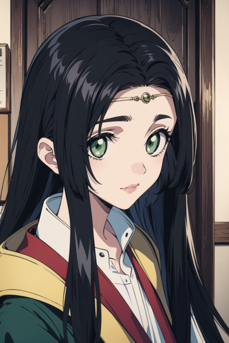 black hair green eyes long hair parted bangs