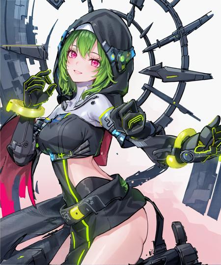 (1girl:1.2),(solo:1.5),masterpiece,best quality,detailed face,highly detailed, best quality, highres, extremely detailed wallpaper,third-party edit,full body,hood,(happy smile:1.2),black gloves,green hair,looking at viewer,(detailed cyberpunk cityscape background:1.3)
normal hands,normal fingers,perfect hands
<lyco:GoodHands-beta2:1.0> <lora:LyraLV2_V1:0.75>