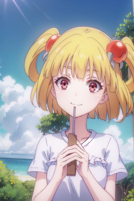 pattythesummer, <lora:patty the summer-lora-nochekaiser:1>,
patty the summer, short hair, blonde hair, (red eyes:1.3), twintails, two side up, hair ornament, smile,
BREAK shirt, (white shirt:1.5),
BREAK outdoors, forest, nature, sun, sky, clouds,
BREAK looking at viewer, (cowboy shot:1.5),
BREAK <lyco:GoodHands-beta2:1>, (masterpiece:1.2), best quality, high resolution, unity 8k wallpaper, (illustration:0.8), (beautiful detailed eyes:1.6), extremely detailed face, perfect lighting, extremely detailed CG, (perfect hands, perfect anatomy),