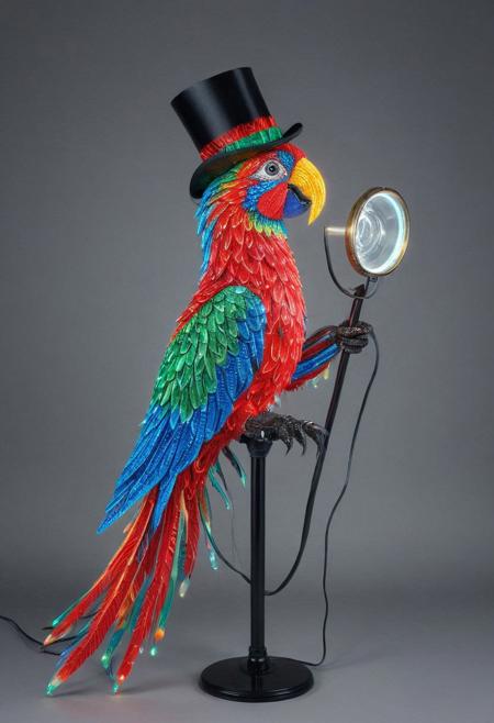 embedding:lazmpos, LED, colorful LED lights, RGB lights, red green and blue parrot, art deco, top hat, cane, monocle,RetroBG