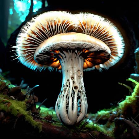 ((best quality)), ((masterpiece)), ((realistic,digital art)), (hyper detailed),totempunkai mohawk Pale Spore Print Mighty Club-shaped Rough mushroom, Woven Texture,  Root Extension into Fungal Mycelium, Coastal, Subterranean, Glowing,  Moderate Bruising,,Bulbous Volva,,Membranous Ring,   , octane rendering, raytracing, volumetric lighting, Backlit,Rim Lighting, 8K, HDR,  <lora:add-detail-xl:.8> <lora:CulturePunkAI_1:0.85>