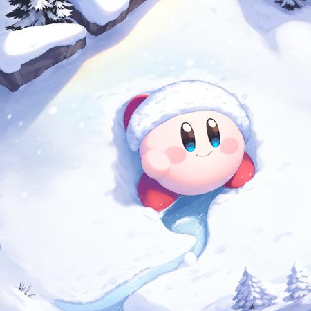 (Highest picture quality),(Master's work),kirby,blue eyes,smile, from above, snowfield,winter