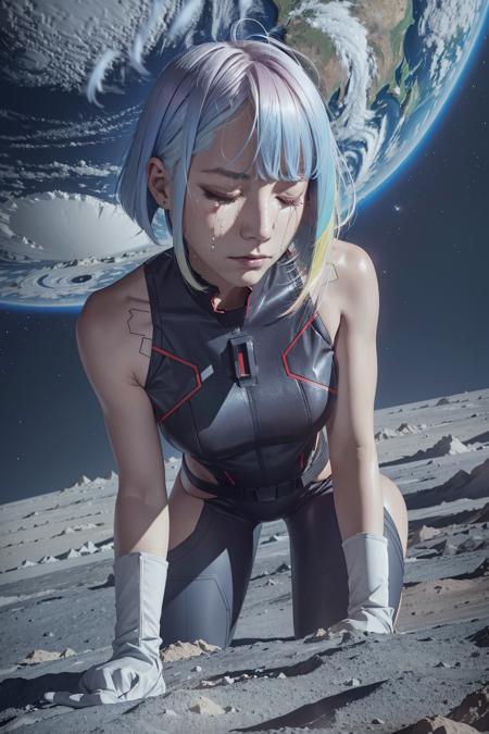 <lora:lucy_offset:1>bob cut,sliver hair,multiple colored hair,sad,:<,closed eyes,((good face)),(masterpiece),ahoge,bangs,dynamic,solo,wide shot,gloves,flat chest,(ambient light ),the Earth at the upper part of image,empty-handed,solo,1girl,highres,crying,on the moon surface,outer space,,,