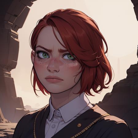 Best_QualityPos, RAW photo, intricate details, best quality, 8k uhd, soft lighting, 1girl, solo, green eyes, red hair, short hair, freckles, sad expressions <lora:Emma_Stone:0.7>