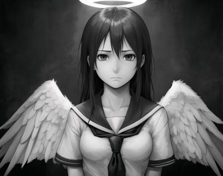 beautiful, masterpiece, best quality, 1girl, angel wings, brown eyes, brown hair, haibane renmei, halo, rakka, sailor collar, school uniform,  <lora:my_LoRA_rakka_v2:0.5>  emotionless,  sad, grayscale