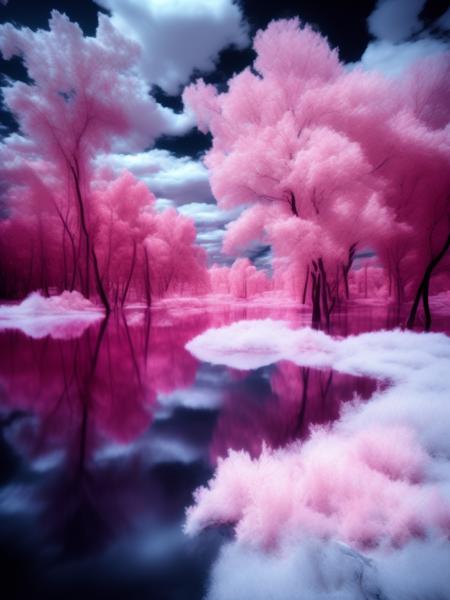 <lora:Infrared:1>infrared photo of flooded forest, reflecctive water, stormy sky