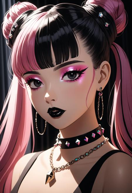 1girl, Holo-Punk Style, black eyes, black hair, black lips, cone hair bun, twin tails, curtains, double bun, hair bun, jewelry, lipstick, long hair, makeup, multicolored hair, necklace, pink hair, solo, upper body, newest, cinematic angle, cinematic lighting, masterpiece, best quality , <lora:HoloPunkXL:0.65>