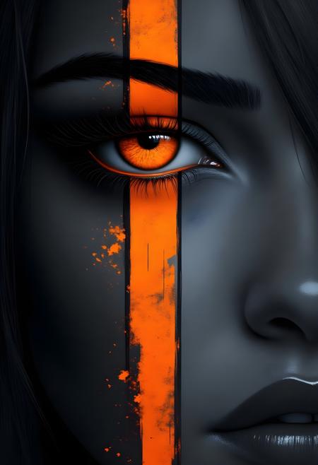 n1t3_du5t, A close-up of a woman's face, left half, eye focus, orange eye, glow, hyper-realistic, orange vertical stripe running down the face centered above the eye and below the eye