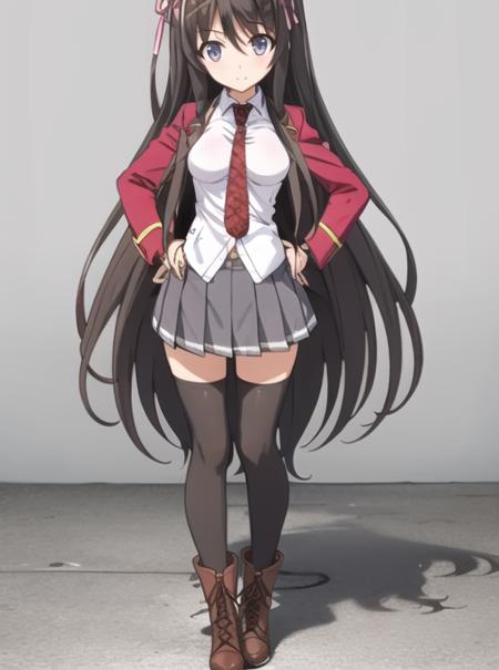 <lora:Ouka:0.7> OukaYuuouji, 1girl, solo, breasts, looking at viewer, skirt, simple background, black hair, thighhighs, white background, very long hair, school uniform, jacket, full body, pleated skirt, hairband, boots, necktie, black thighhighs, zettai ryouiki, hand on hip, blazer