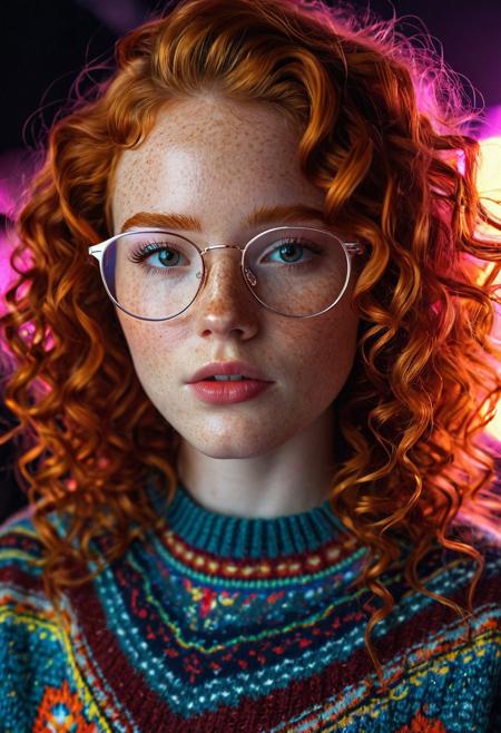 score_9, score_8_up, score_7_up, cinematic photo, close-up, 1girl, beautiful cute face, parted lips, curly ginger hair, natural eyebrows, pale skin, freckles,small wire rimmed glasses,colorful sweater, multicolored clothing, illuminated by cool lights,  soft glow, shimmer effect, sharp detail, fashion editorial, seductive gaze, high contrast, glowing atmosphere, dreamy lighting, atmospheric background, studio lighting, realistic face, photorealistic
