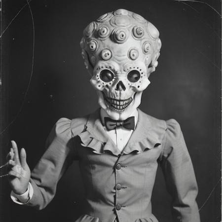 ((realistic)),<lora:UnsettlingImages:0.9> , UnsettlingImages, old black and white photo carnival, creepy doll with skull, wearing a suit and mask, dolls, masterpiece, raw, 8k,