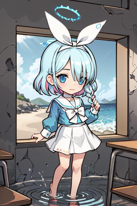 (masterpiece), (masterpiece), (Chibi), <lora:aronaBlueArchive_v1:0.8>, arona, 1girl, white hairband, bow hairband, halo, short hair, single braid, (in classroom without wall), shallow water on floor, wave of water, school uniform, barefoot, blue shirt, long sleeves, white bowtie, white choker, white hairband, white sailor collar, white skirt, sea and sky outside the classroom