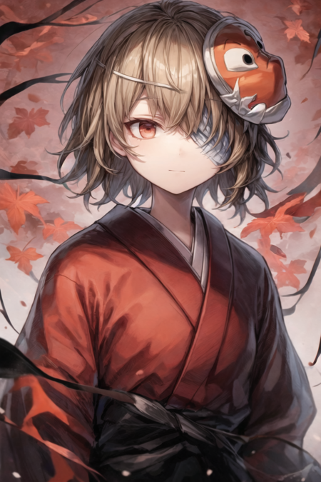 androgynous, red kimono, solo, mask on head, bandage over one eye, short hair, red hyottoko mask, 1other, black skirt, brown hair