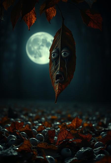 UHD 32k dark comedy movie still, photograph, closeup portrait of surreal dark shadowed anthropomorphic autumn leaf with eyes and mouths crying dangling from a branch looking sick, below on the ground there are many brown leaves on the ground with dead eyes, night solely lit by eerie light from one full moon, very detailed and photorealistic, shadows, gritty texture.