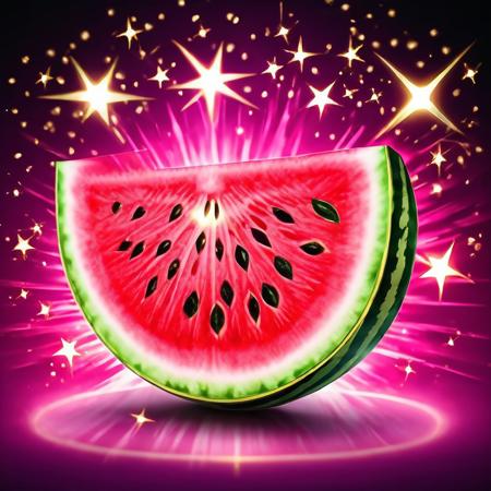 Black to purpure gradient background, Pink transparent watermelon silhouette, lightning centered, close-up, golden stars, magic, casting spell
