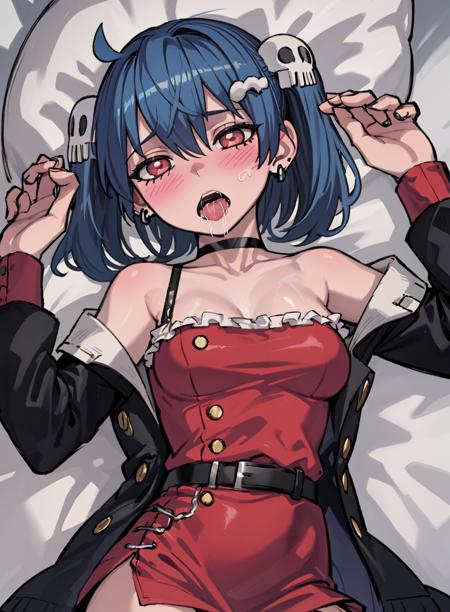 1girl, skull hair ornament, blush, twintails, hair ornament, choker, open mouth, jewelry, earrings, solo, black choker, saliva, blue hair, on back, looking at viewer, red eyes, lying, implied sex, hair between eyes