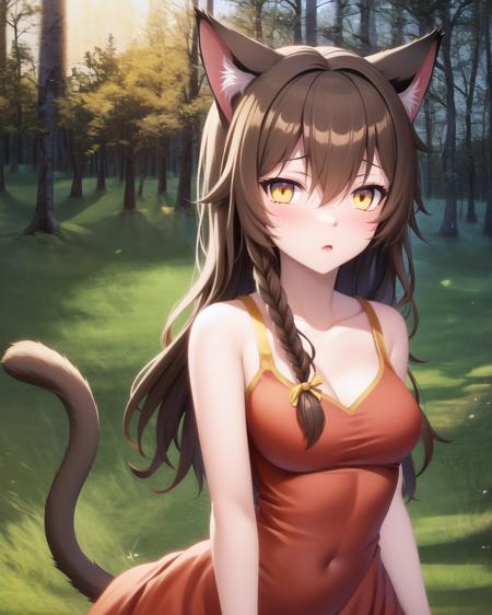 YVAO, 1girl, animal ears, braid, brown hair, cat ears, hair between eyes, long hair, looking at viewer, medium breasts, solo, tail, yellow eyes, red dress, cat girl, cat ears, outdoors, forest, night