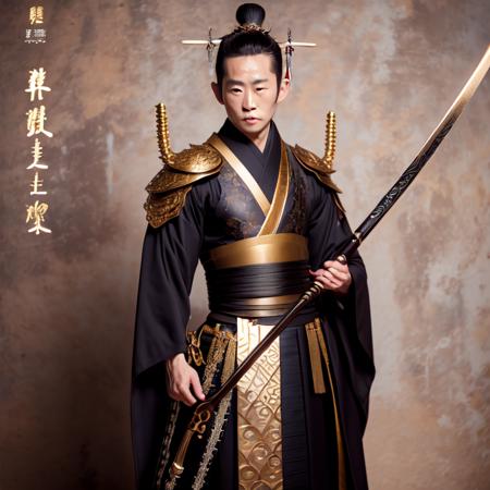 photo, man dressed in black and gold holding a sword (FantasyDaimyo style:1)  <lora:djzFantasyDaimyoV21:0.8>