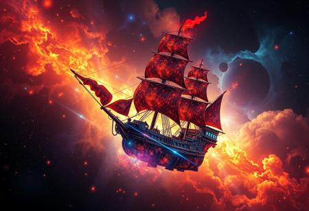A glowing pirate ship nebula, filled with colorful gas and dust, by Pablo Amaringo and Dan Mumford, highly intricate, sophisticated and complex digital painting, kinetic pointillism style, concept art, hyperrealism, Cinema 4D, 8k resolution, 64 megapixels, CGSociety, ZBrushCentral, behance HD, hypermaximalist, a masterpiece, parallax